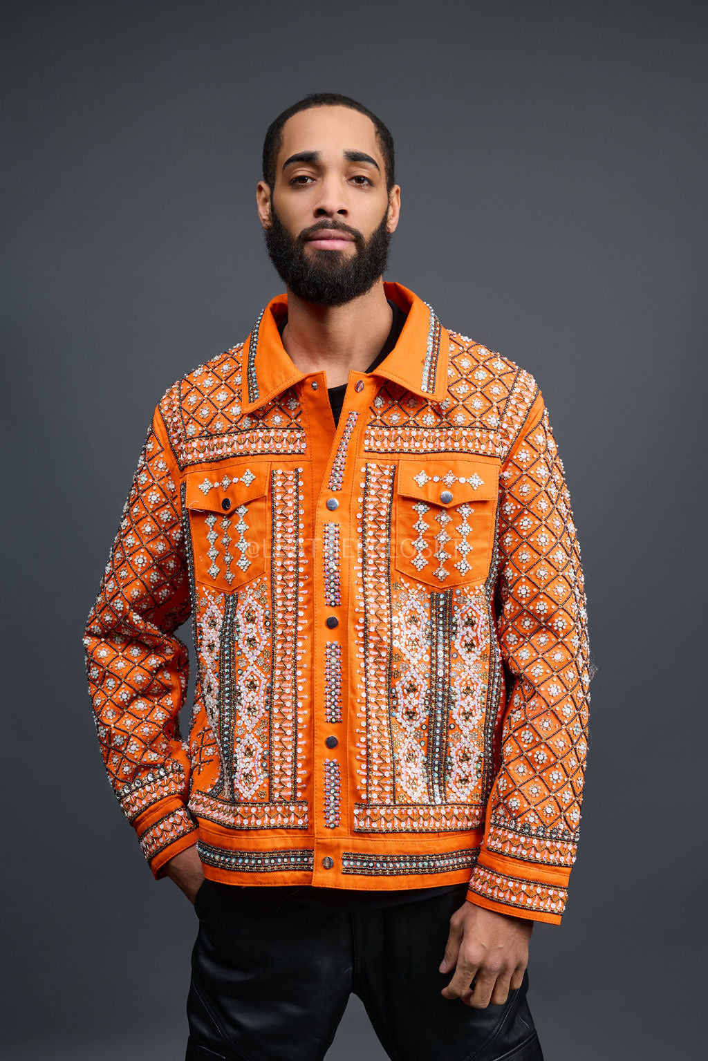 orange dress with denim jacket Woman Orange Dress Denim Jacket Frustrated Stock Photo