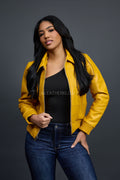 Women's Checkmate Leather Bomber Jacket [Yellow]