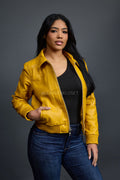 Women's Checkmate Leather Bomber Jacket [Yellow]