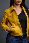 Women's Checkmate Leather Bomber Jacket [Yellow]