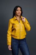 Women's Checkmate Leather Bomber Jacket [Yellow]