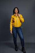 Women's Checkmate Leather Bomber Jacket [Yellow]