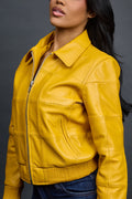 Women's Checkmate Leather Bomber Jacket [Yellow]