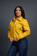 Women's Checkmate Leather Bomber Jacket [Yellow]