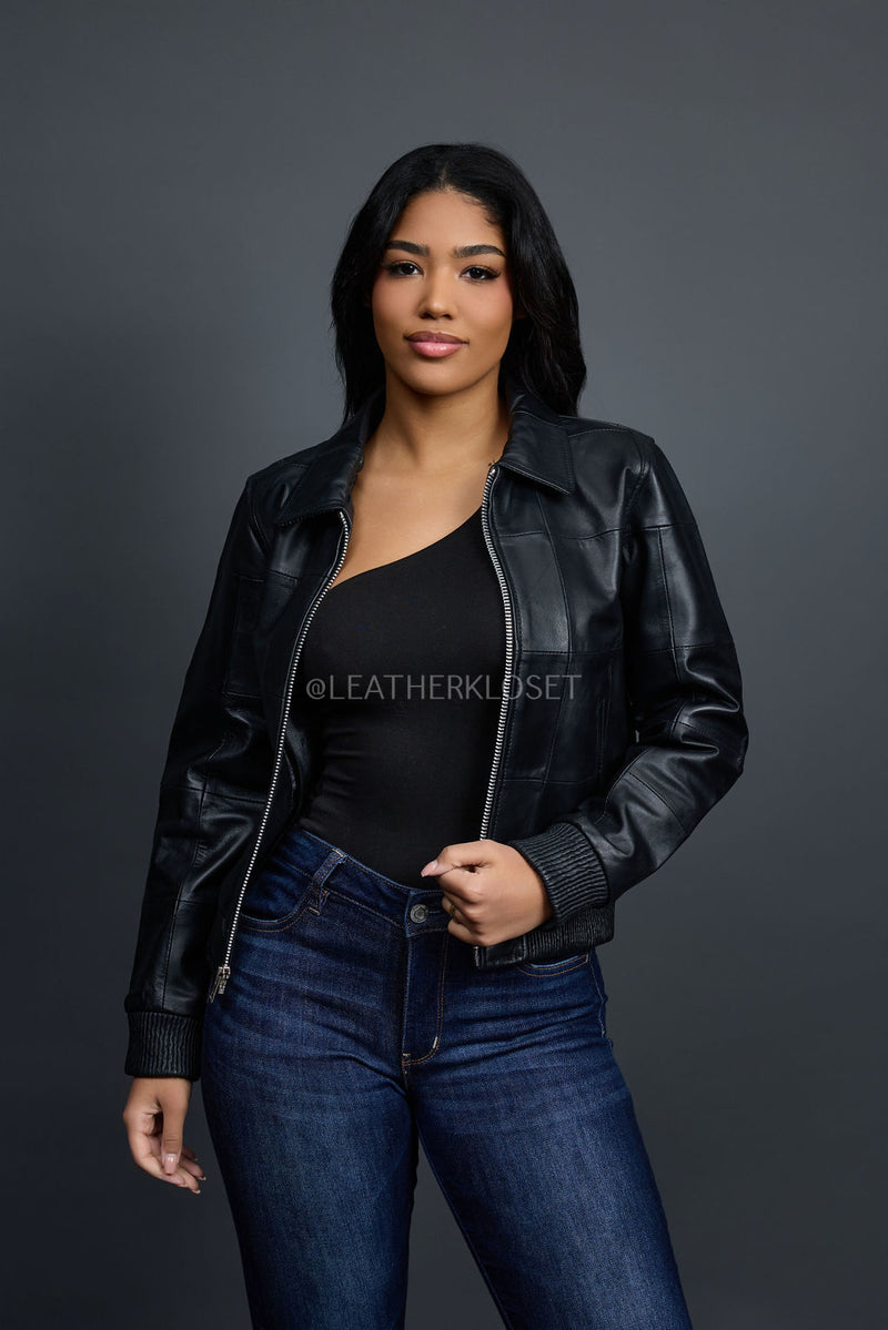 Women's Checkmate Leather Bomber Jacket [Black]