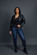 Women's Checkmate Leather Bomber Jacket [Black]