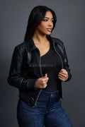 Women's Checkmate Leather Bomber Jacket [Black]