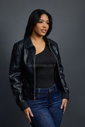 Women's Checkmate Leather Bomber Jacket [Black]