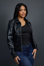 Women's Checkmate Leather Bomber Jacket [Black]