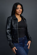 Women's Checkmate Leather Bomber Jacket [Black]