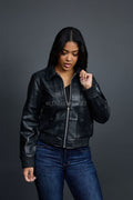 Women's Checkmate Leather Bomber Jacket [Black]