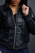 Women's Checkmate Leather Bomber Jacket [Black]