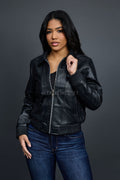 Women's Checkmate Leather Bomber Jacket [Black]