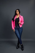 Women's Checkmate Leather Bomber Jacket [Hot Pink]