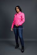 Women's Checkmate Leather Bomber Jacket [Hot Pink]