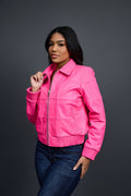 Women's Checkmate Leather Bomber Jacket [Hot Pink]