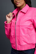 Women's Checkmate Leather Bomber Jacket [Hot Pink]