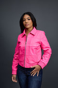 Women's Checkmate Leather Bomber Jacket [Hot Pink]