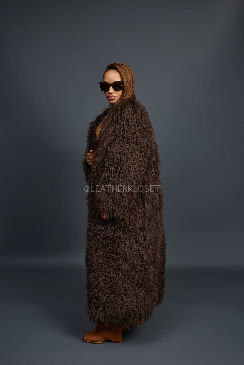 Women's Imani Mongolian Fur Trench Coat [Brown]