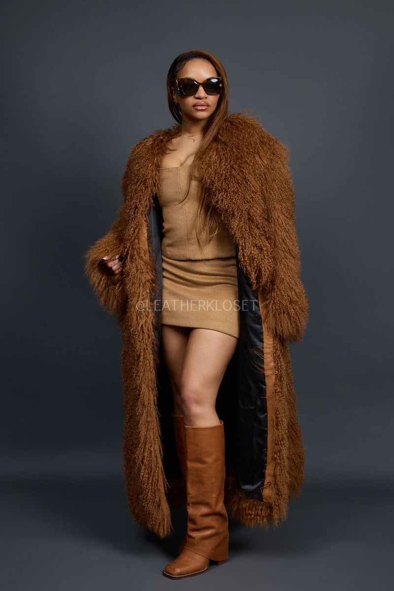 Women's Imani Mongolian Fur Trench Coat [Oatmeal]