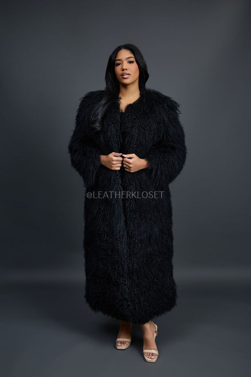 Women's Imani Mongolian Fur Trench Coat [Black]