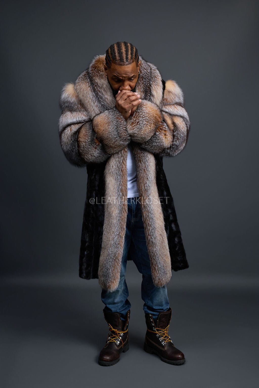 Men's Frank Mink Trench With Fox Collar [Black/Crystal]