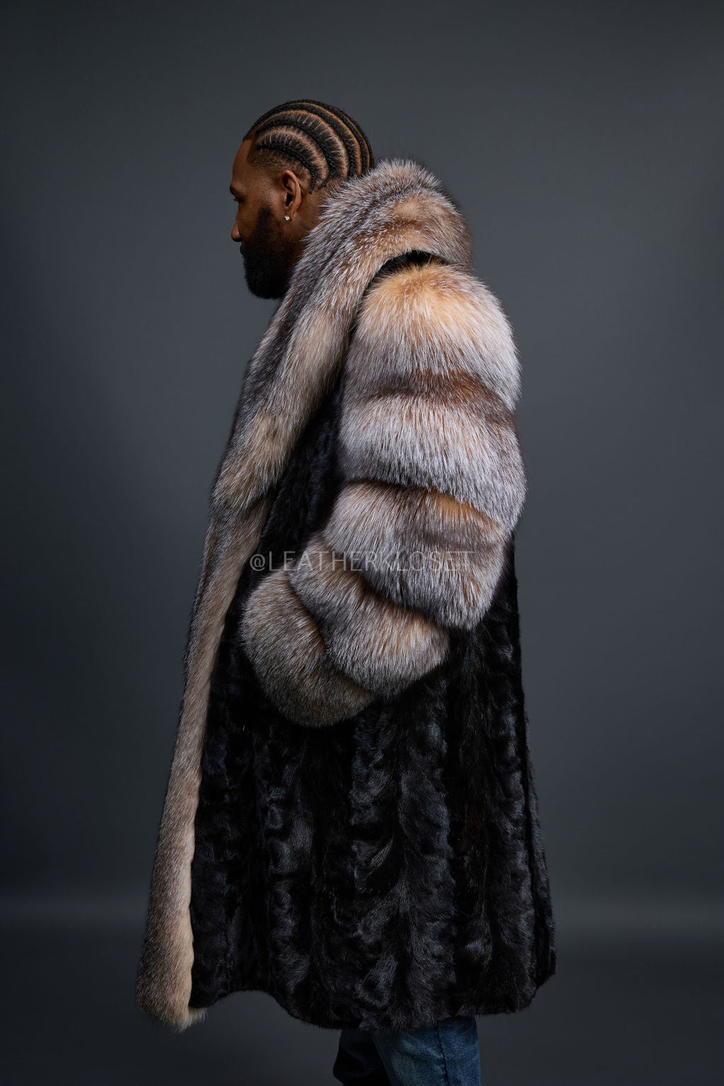 Men's Frank Mink Trench With Fox Collar [Black/Crystal]