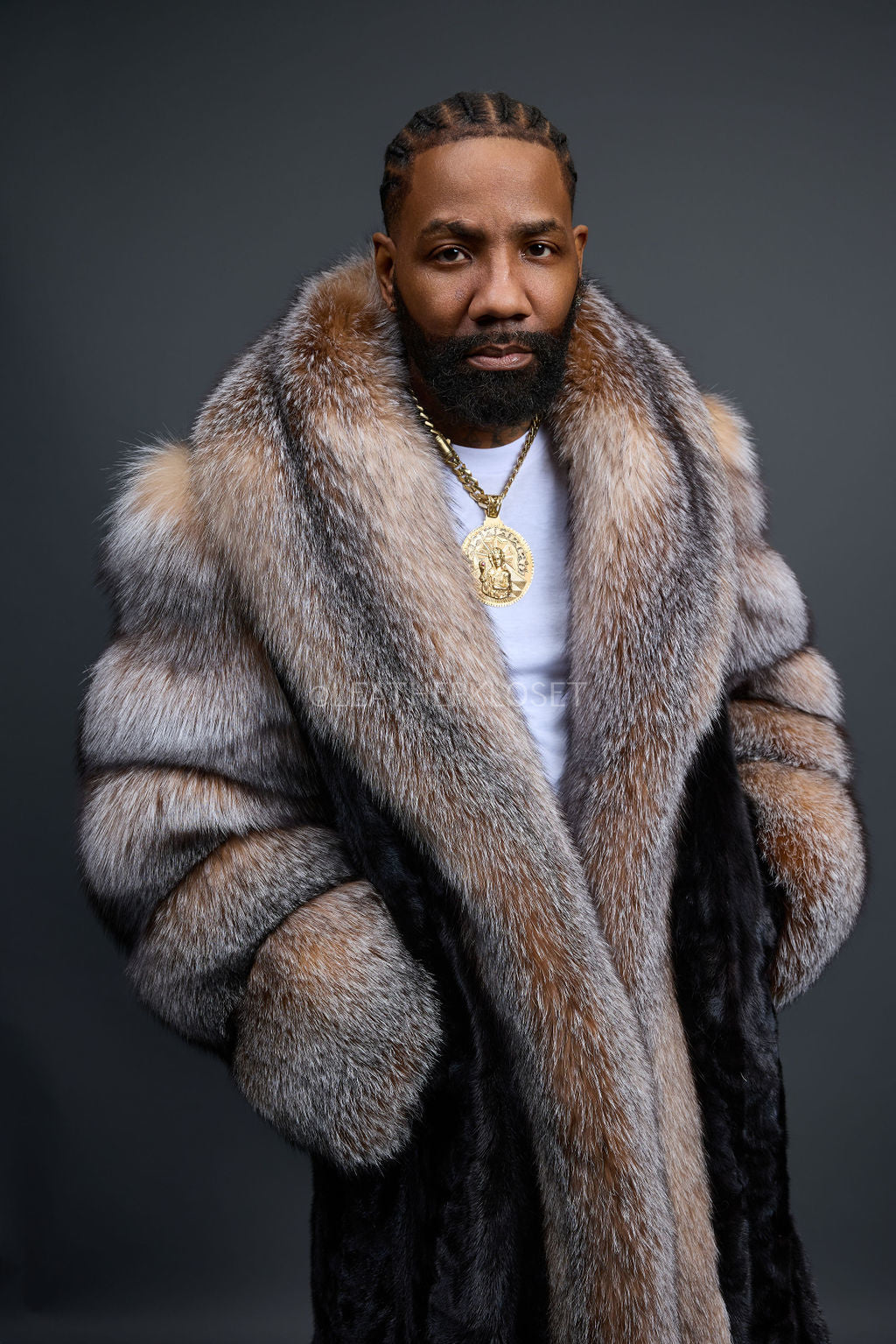 Men's Frank Mink Trench With Fox Collar [Black/Crystal]