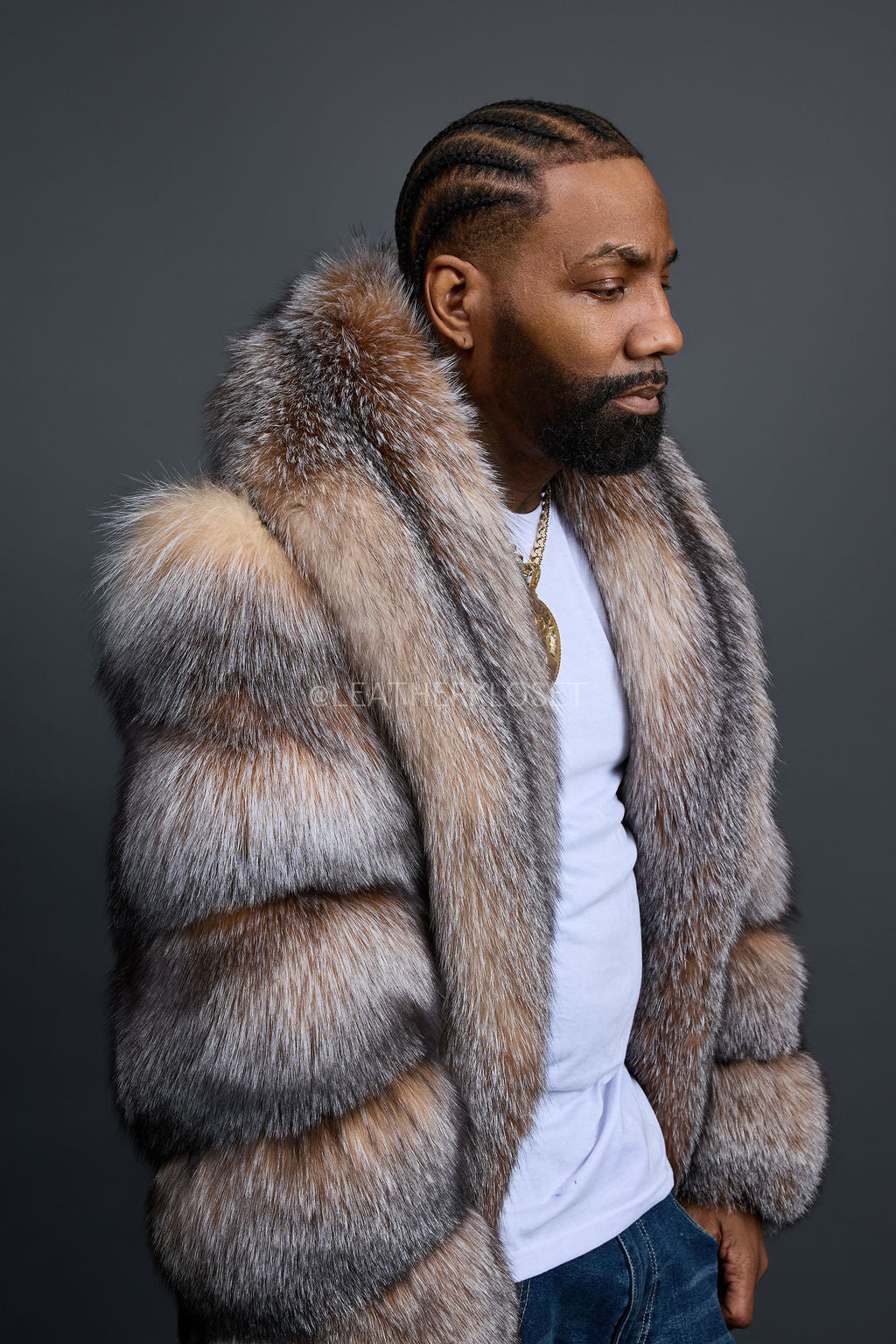 Men's Frank Mink Trench With Fox Collar [Black/Crystal]