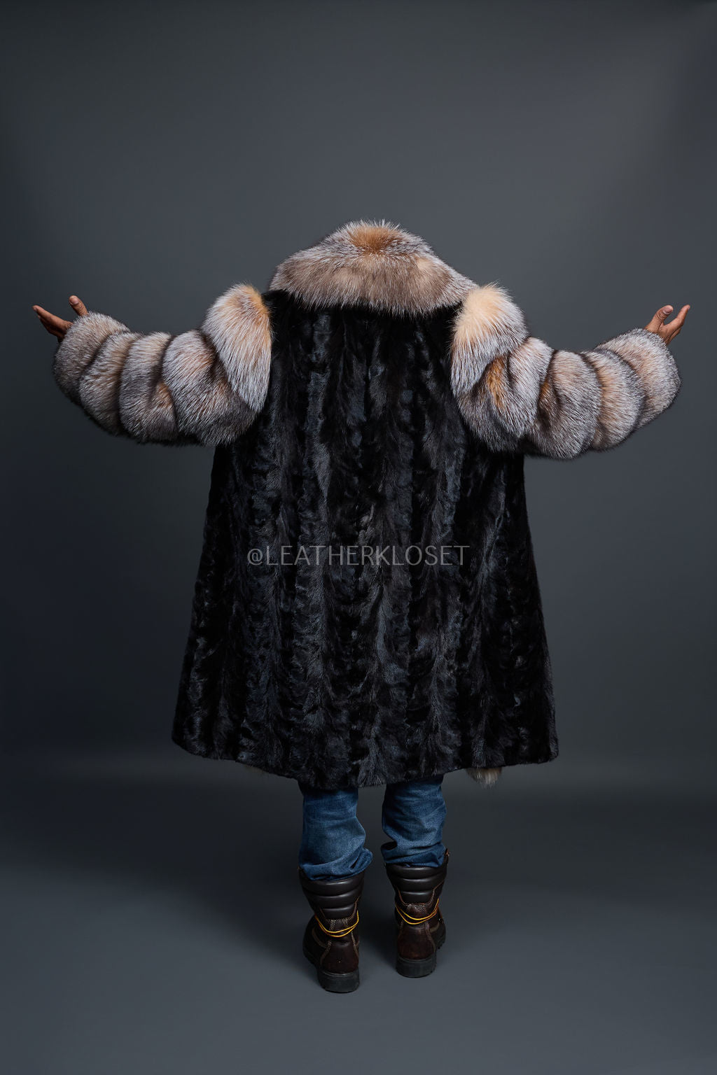 Men's Frank Mink Trench With Fox Collar [Black/Crystal]