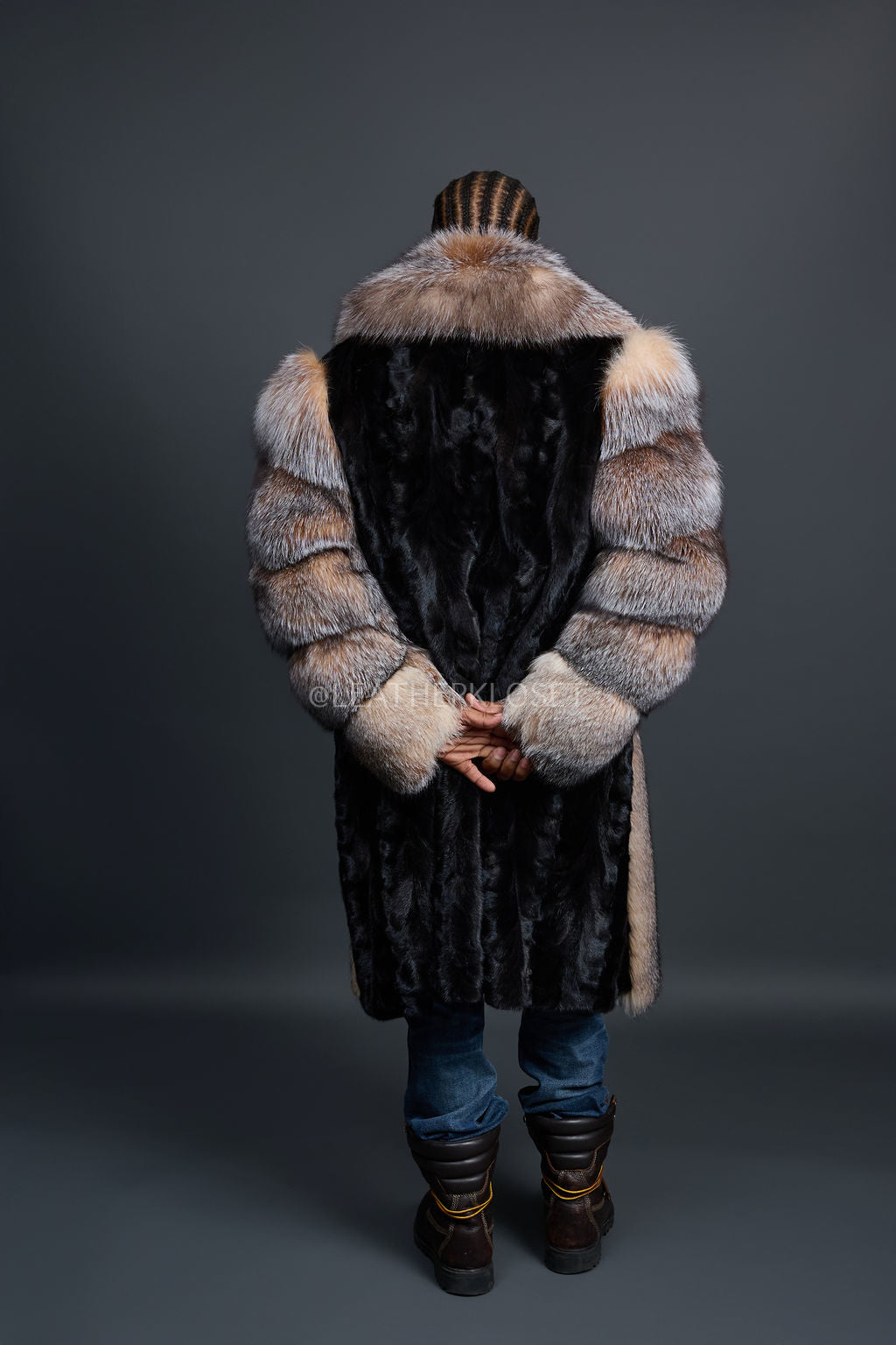 Men's Frank Mink Trench With Fox Collar [Black/Crystal]