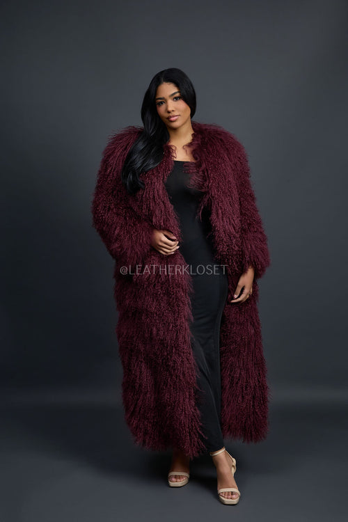 Women's Imani Mongolian Fur Trench Coat [Burgundy]