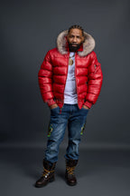 Men’s Aspen Leather Bubble Bomber Jacket [Red/Raccoon]