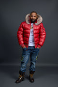 Men’s Aspen Leather Bubble Bomber Jacket [Red/Raccoon]