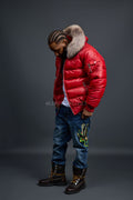 Men’s Aspen Leather Bubble Bomber Jacket [Red/Raccoon]