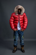 Men’s Aspen Leather Bubble Bomber Jacket [Red/Raccoon]