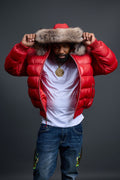 Men’s Aspen Leather Bubble Bomber Jacket [Red/Raccoon]