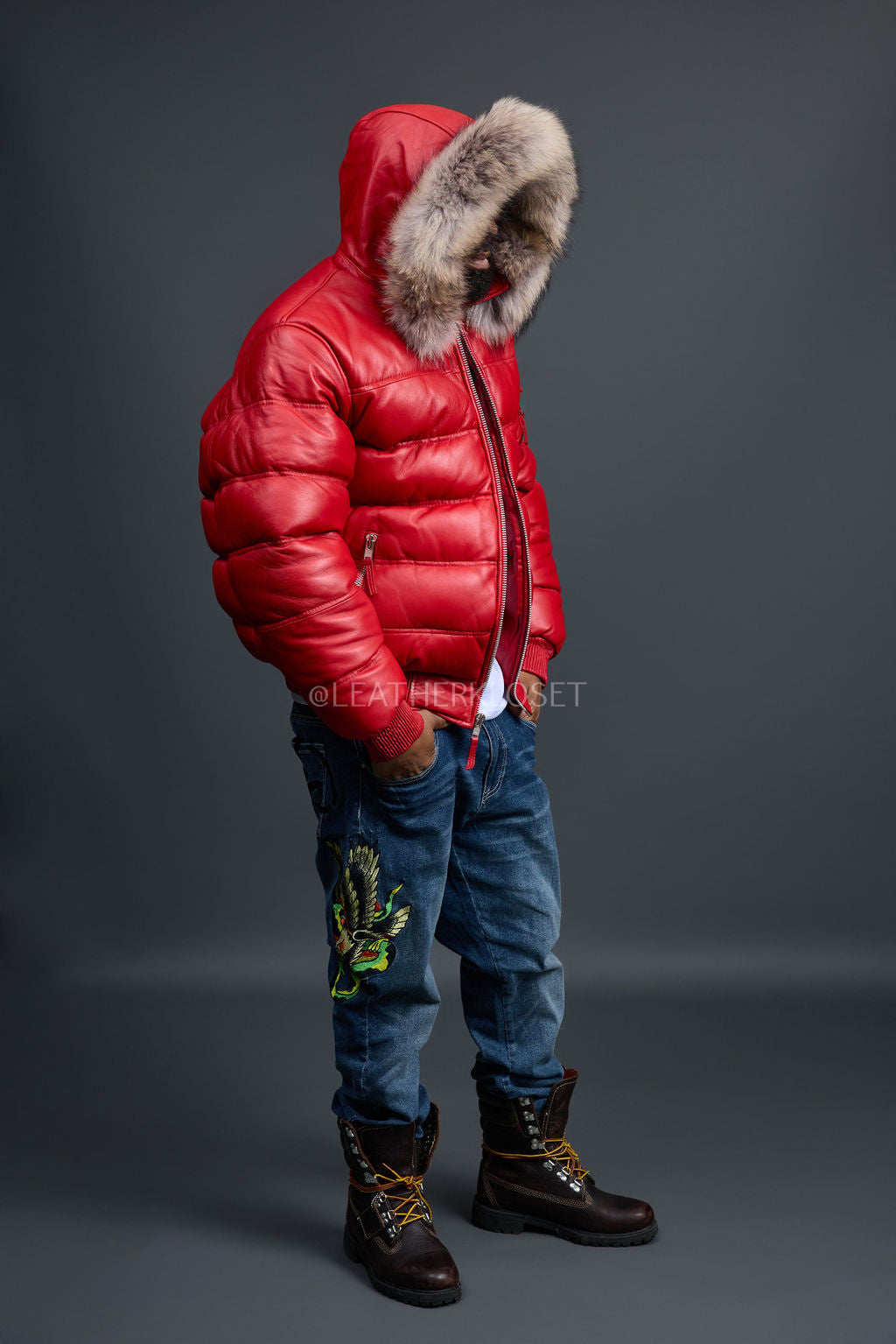 Men’s Aspen Leather Bubble Bomber Jacket [Red/Raccoon]