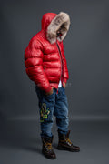 Men’s Aspen Leather Bubble Bomber Jacket [Red/Raccoon]