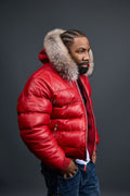 Men’s Aspen Leather Bubble Bomber Jacket [Red/Raccoon]