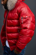 Men’s Aspen Leather Bubble Bomber Jacket [Red/Raccoon]