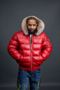 Men’s Aspen Leather Bubble Bomber Jacket [Red/Raccoon]