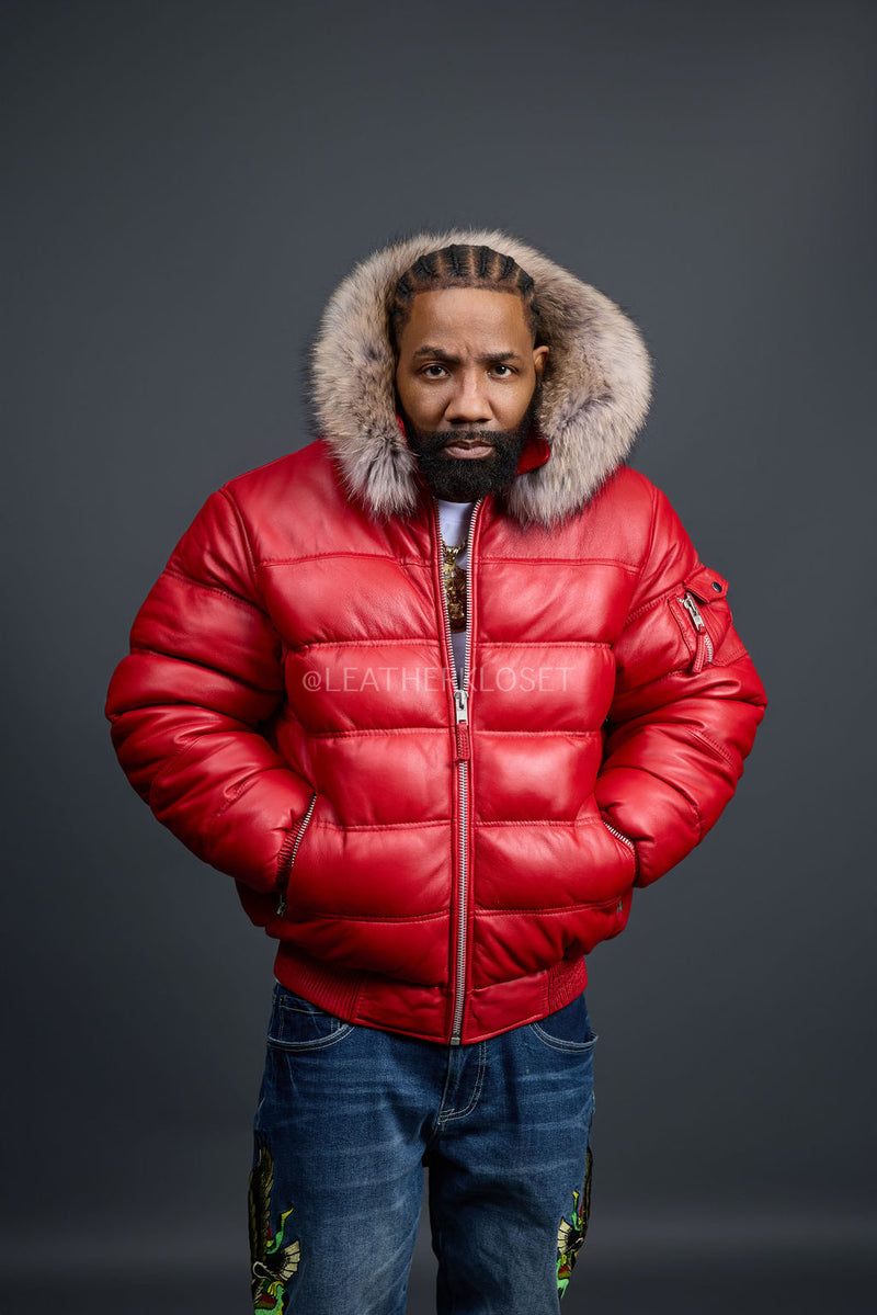 Men’s Aspen Leather Bubble Bomber Jacket [Red/Raccoon]