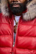 Men’s Aspen Leather Bubble Bomber Jacket [Red/Raccoon]