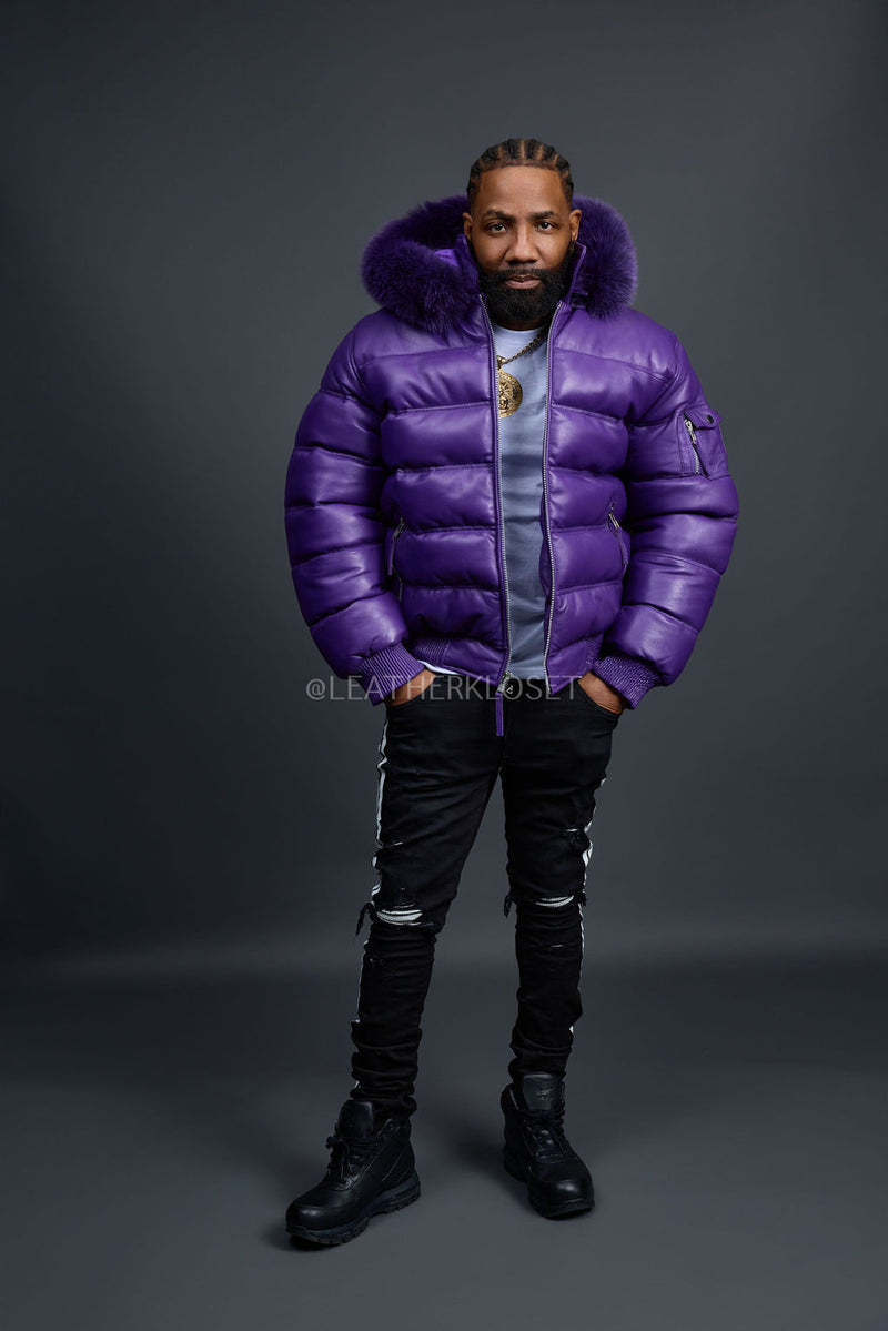 Men’s Aspen Leather Bubble Bomber Jacket [Purple]