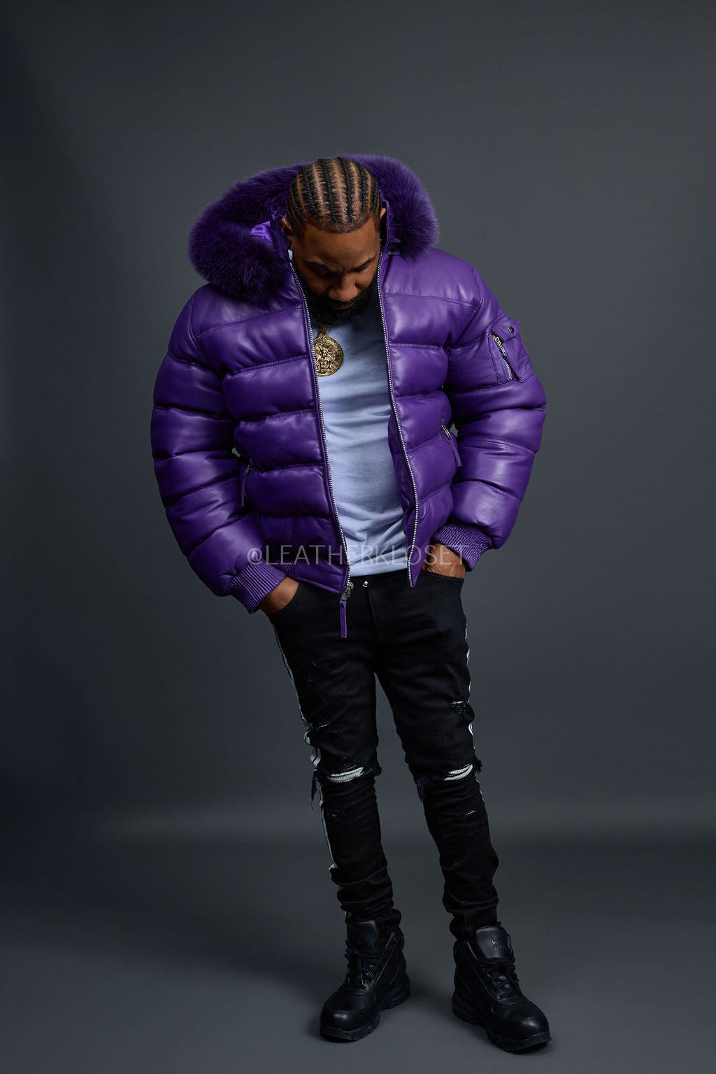 Men’s Aspen Leather Bubble Bomber Jacket [Purple]