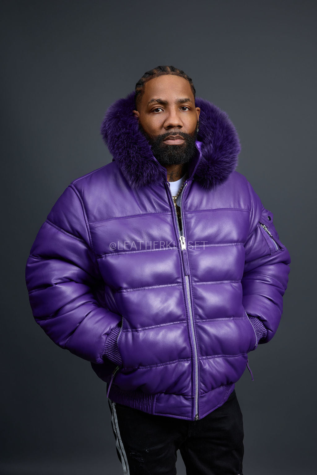 Men’s Aspen Leather Bubble Bomber Jacket [Purple]