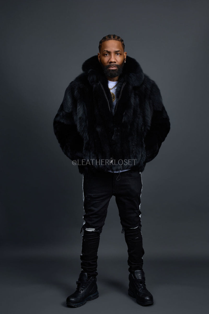 Men's Full Skin Fox Fur Bomber Jacket [Black]