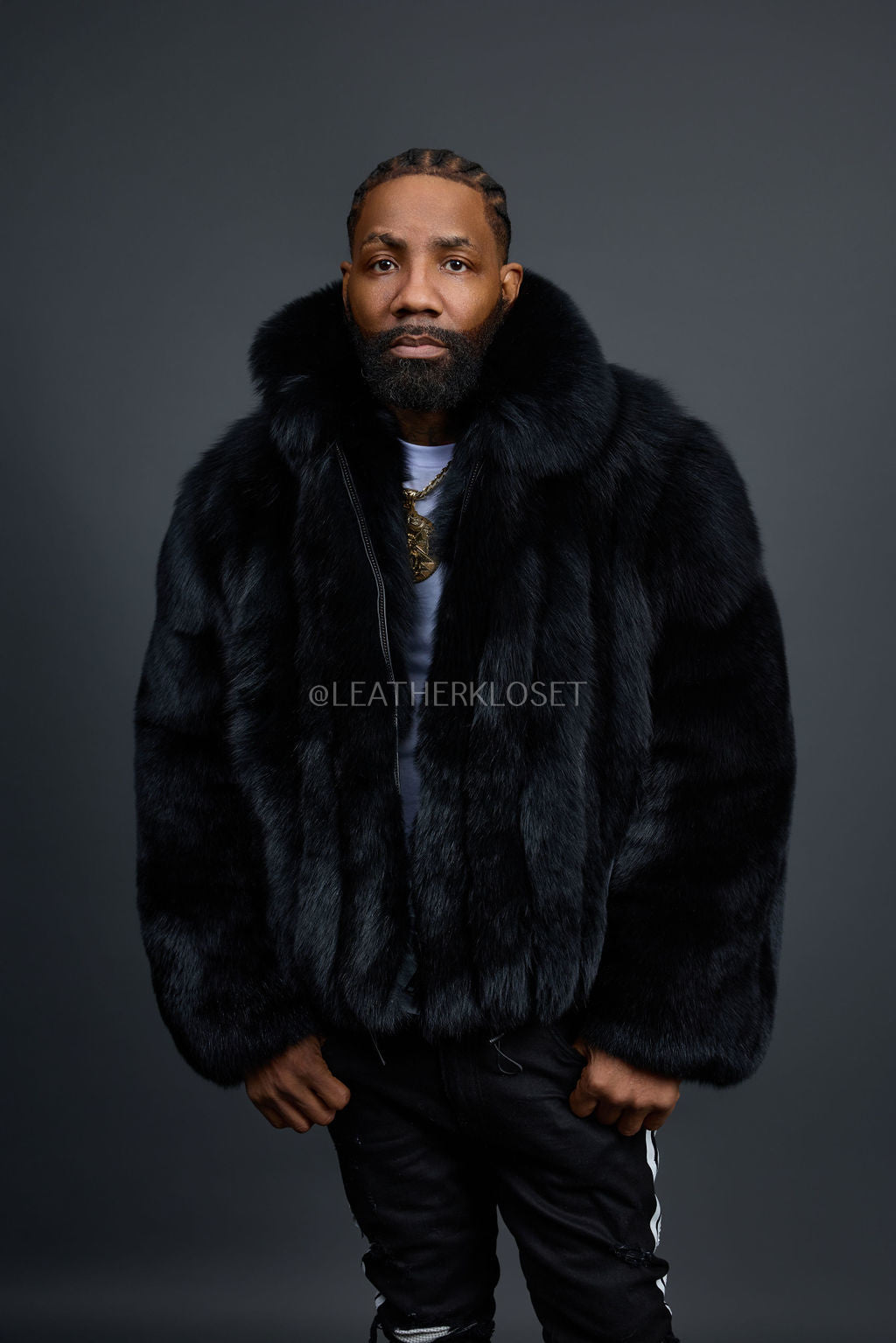 Men's Full Skin Fox Fur Bomber Jacket [Black] – LeatherKloset