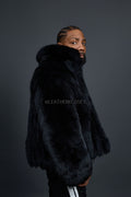 Men's Full Skin Fox Fur Bomber Jacket [Black]